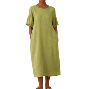 Lintico Linen Ruffle Sleeve Midi Dress Women L Green Pockets Coastal Lagenlook